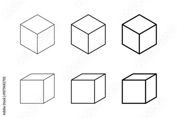 Fototapeta Icon Set of Parallel Projection and Isometric Wireframe Cubes with Various Lineweights from Thin to Thick Lines. Vector Image.