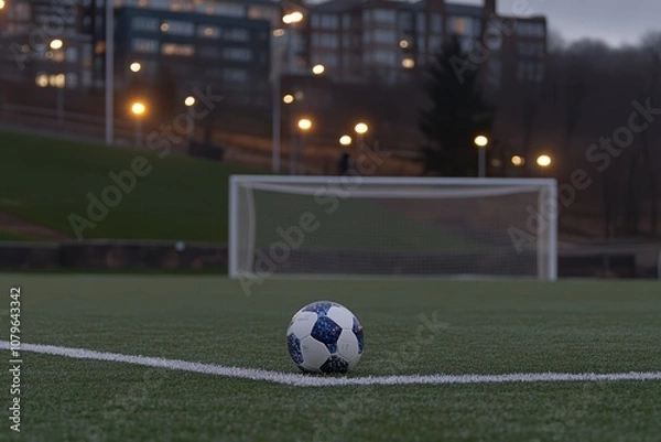 Fototapeta Soccer ball on a green field at dusk, in front of a goal with a blurry city background.