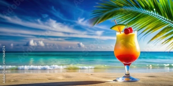 Fototapeta Colorful cocktail in a glass on a tropical beach setting, beach, tropical, cocktail, drink, refreshment, colorful, vibrant