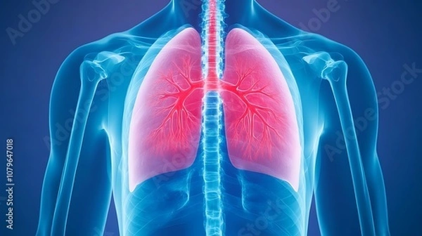 Fototapeta Detailed 3D of Human Respiratory Anatomy Showing Lungs Trachea Bronchial System and Skeletal Structure  High Medical Visualization for Healthcare Science and Research