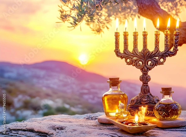 Fototapeta A menorah with candles and oil lamps, set against a sunset landscape.