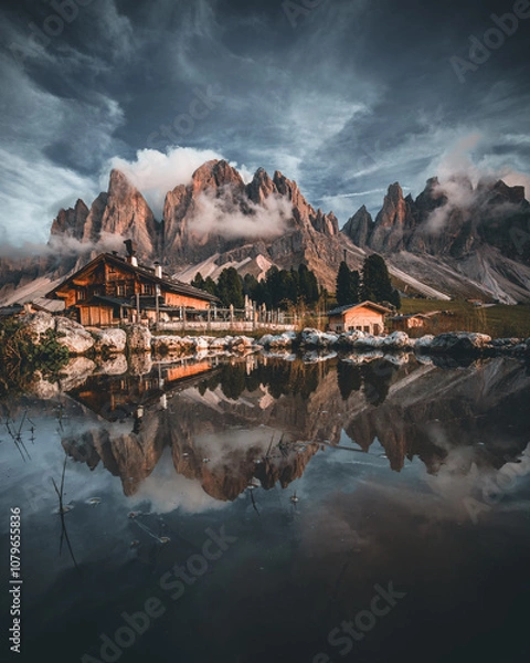 Fototapeta Mountains with Reflection in the Dolomites - Geisler Alm