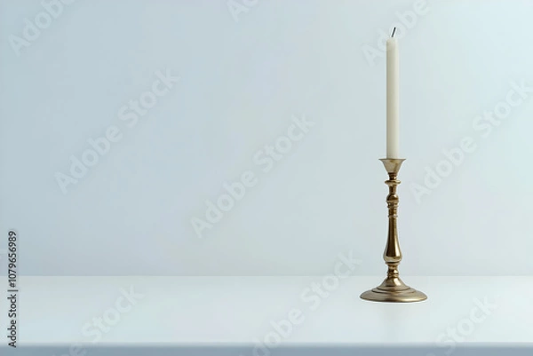 Fototapeta A simple candle in a brass holder on a minimalist table against a light background.