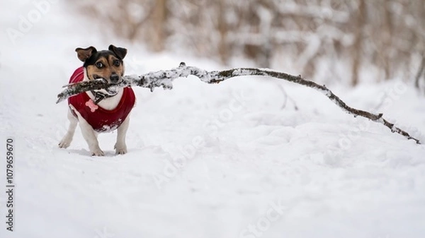 Fototapeta A portrait of a very funny running jack russell terrier in a red vest running along a snowy road with a giant branch in his teeth in winter