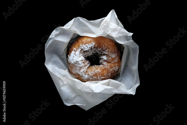 Obraz A donut wrapped in white paper against a black background.