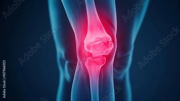 Fototapeta Detailed 3D digital rendering of an inflamed painful knee joint anatomy highlighting the complex structure of bones ligaments tendons and muscles within a colorful blue and red gradient backdrop