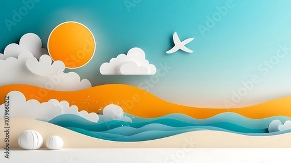 Fototapeta Stunning minimalist papercraft landscape scene depicting a tranquil mountainous horizon with a vibrant sun and fluffy clouds against a serene sky and a graceful bird soaring overhead