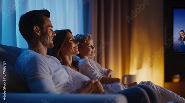 Fototapeta Smiling Caucasian family sitting on the couch and watching a comedy on the TV