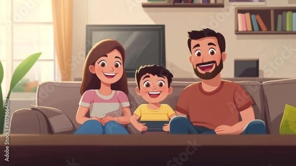 Obraz Smiling Caucasian family sitting on the couch and watching a comedy on the TV