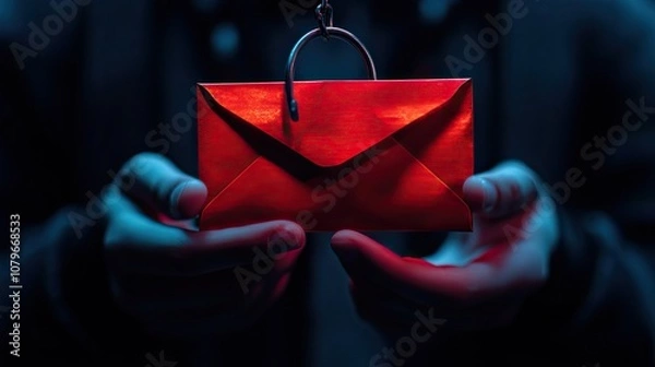 Fototapeta Phishing from scammers, smishing assault, and spam phishing scheme. The criminal hacker's hand holding a red envelope with a hook icon is used to transmit fraud, malware, and virus-spreading text mess