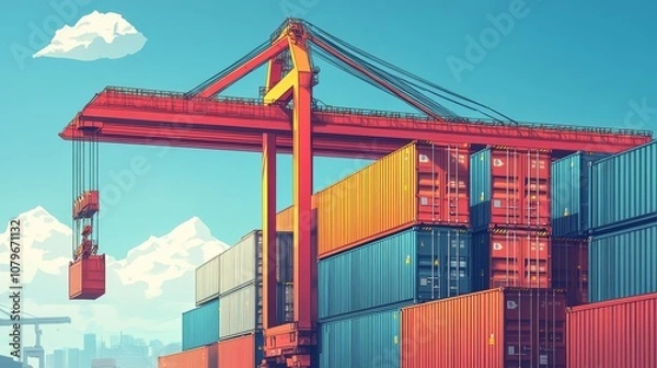 Obraz Illustration in surrealist vector art style, showcasing metal imported containers lifted by cranes at busy port terminals, highlighting details, industrial machinery, and maritime logistics operations