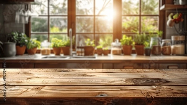 Fototapeta Rustic Wooden Table with Blurred Kitchen Background for Product Display