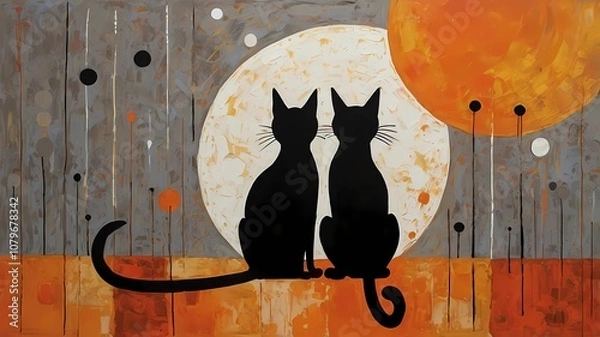Fototapeta Surreal, abstract painting featuring two black cats with exaggerated, whimsical features. The larger cat stands upright on two legs, with a tall, slender body and a large, round head with wide, expres