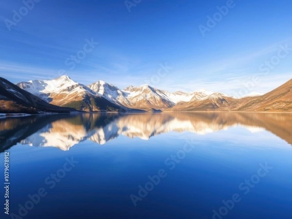 Fototapeta A breathtaking view of snow-capped mountains reflecting in a calm lake, exploration, majestic