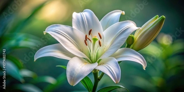Fototapeta Stunning Close-Up of a Single Pure White Lily Head in Natural Light - Floral Beauty, Botanical Elegance, Nature Photography, Minimalism, Serenity, and Peaceful Vibes