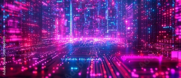 Fototapeta Futuristic 3D rendering of a computer motherboard with glowing pathways, intricate circuits, and digital nodes symbolizing the evolution of modern technology and communication