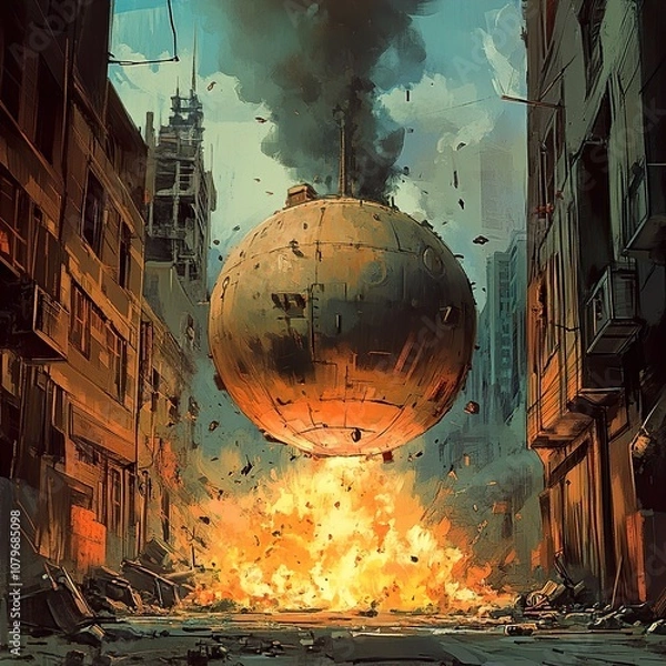 Fototapeta Futuristic Cityscape with Exploding Sphere: Apocalyptic Urban Destruction