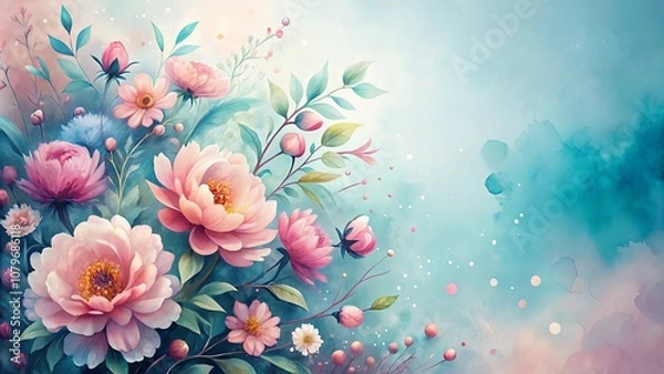 Fototapeta Delicate pink flowers with soft petals and a watercolor effect, nestled amidst lush green foliage, with a light blue background and subtle white dots