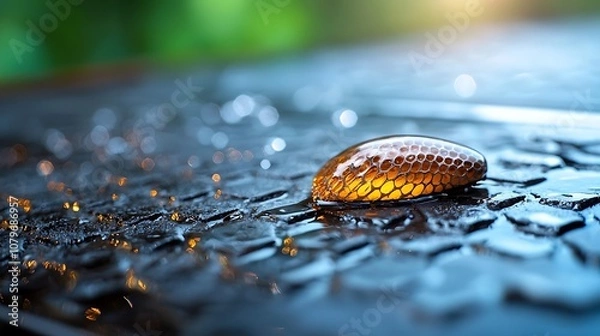 Fototapeta Tranquil Raindrops on Wet Surface in Nature Abstract Background Image  Closeup of water droplets on a reflective glossy surface with a blurred natural environment in the background