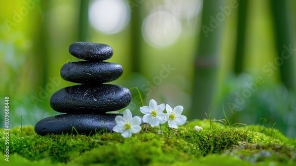 Fototapeta A macro close-up shot of five asymmetrically stacked black stones, each uniquely shaped and balanced precariously on a bed of vibrant green