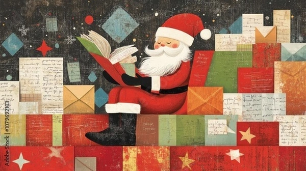 Obraz Illustrated Santa reading a book among colorful presents