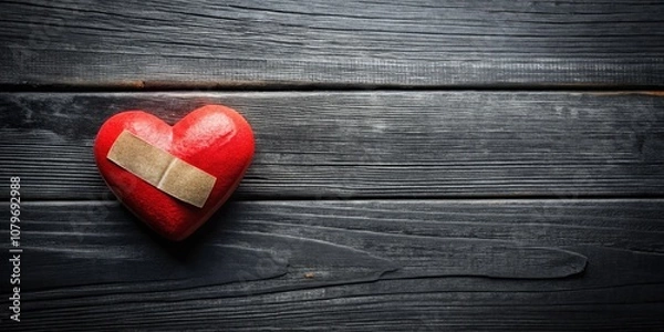 Obraz A red heart-shaped object with a bandage on a wooden surface, symbolizing healing and recovery.