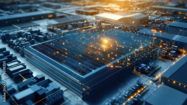 Fototapeta Aerial view of industrial facility with solar panels and glowing lights, showcasing energy efficiency and modern technology