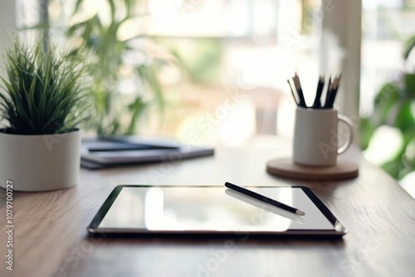 Fototapeta A clean, modern tablet with a stylus, showing a digital illustration in progress, resting on a designer's desk