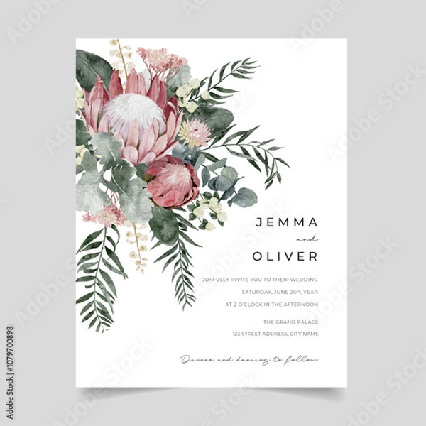Fototapeta Watercolor Protea Wedding Invitation with hypericum berries, dusty miller, pepper tree leaves and eucalyptus