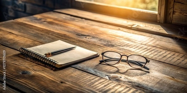 Fototapeta A blank notebook rests on a wooden surface with a pen resting on top and glasses lying nearby, bathed in the warm glow of the setting sun.