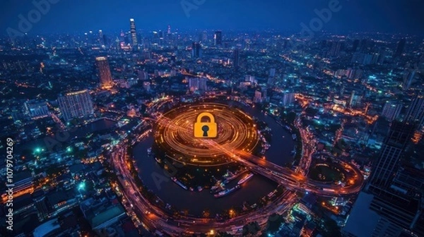 Obraz Aerial view of a cityscape at night with a lock symbol, representing security and connectivity.