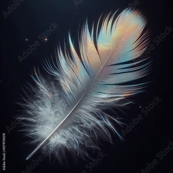 Fototapeta Feather A single white feather falling its holographic surface s