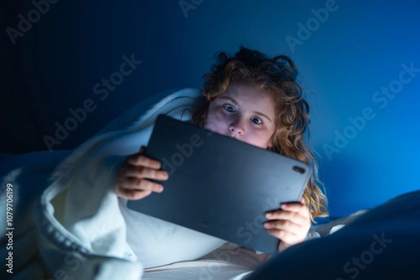 Fototapeta Kid lying on bed and surfing Internet on tablet in dark room. Boy reading Tablet in bed at night. Kid in pajamas using tablet before going to bed. Kid using tablet gadgets.