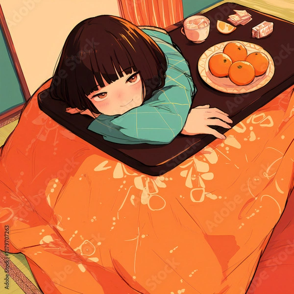 Obraz こたつで寛ぐ女の子とこたつのみかん