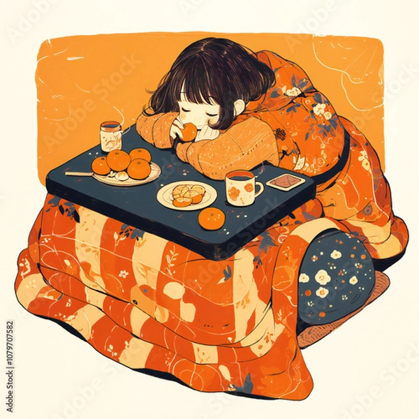 Fototapeta こたつで寛ぎながらみかんを食べる女の子