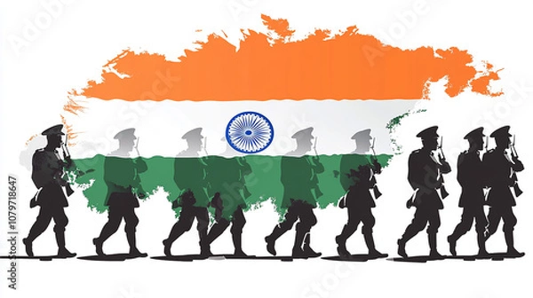Fototapeta A row of soldiers marches in front of the Indian flag.