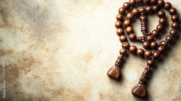 Fototapeta A close-up of wooden prayer beads laid on a textured surface, symbolizing meditation and spirituality.