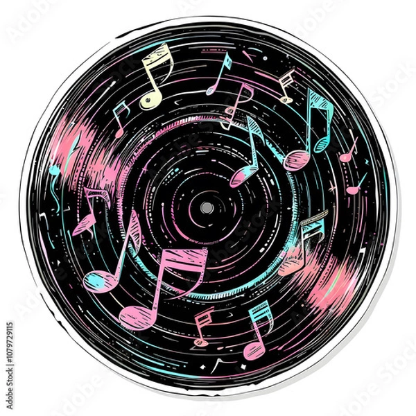 Fototapeta A graceful vinyl record spinning with animated musical notes is perfect for musicthemed projects, backgrounds, and artistic designs to add a touch of vibrancy and retro feel