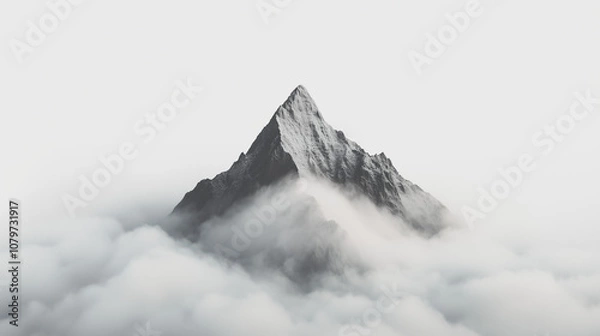 Fototapeta Minimalist landscape of mountains blanketed in snow, with clouds surrounding the peaks.
