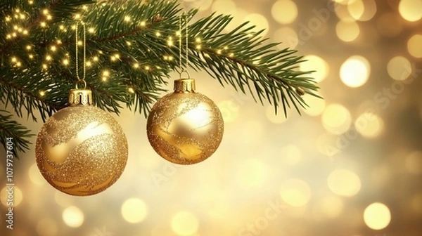 Fototapeta Golden ornaments and fairy lights on a Christmas tree branch, with a soft blurred background and empty space for holiday greetings.