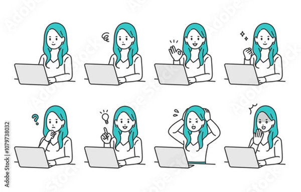 Obraz パソコンを見ながらいろいろな表情･ポーズをする若い女性のセット【人物ベクターイラスト素材】