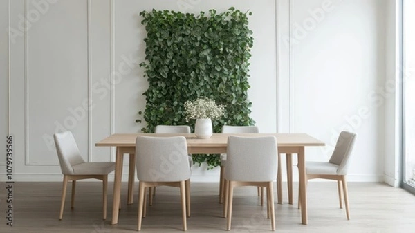 Fototapeta Dining room with greenery climbing a feature wall, paired with natural wooden furniture and soft linen textures   feature wall, natural wood, cozy atmosphere