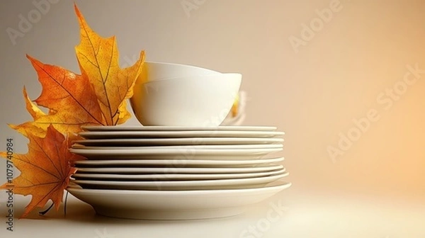 Obraz A stack of white dishes with autumn leaves, evoking a cozy atmosphere.
