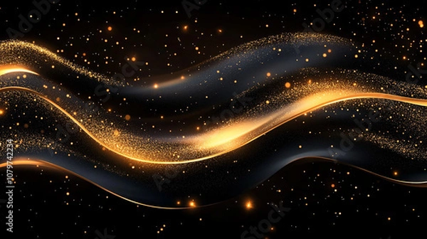 Fototapeta Luxury black wavy background with golden glitter sparkles, ideal for high-end design themes and celebrations.
