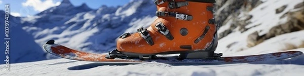 Fototapeta Close-Up of Ski Boots and Snowboard During Winter Outdoor Sports Adventure, Capturing the Essence of Exercise and Athletic Competition. This Abstract Marketing Background Illustrates the Thrill of Ski