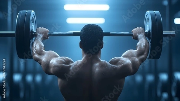 Fototapeta Muscular weightlifter straining to lift heavy barbell overhead in intense gym workout