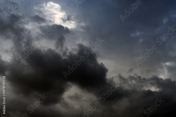 Fototapeta Stormy dark cloudy sky. Pollution, PM 2.5, Carbon dioxide and environment problems concept. Halloween, scary scene thunderstorm and rainy season backdrop.