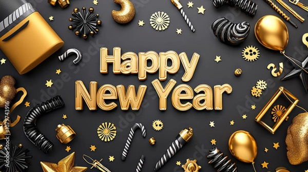 Fototapeta Happy New Year celebration design with golden decorations, balloons, and festive elements creating joyful atmosphere. Perfect for party invitations and decorations