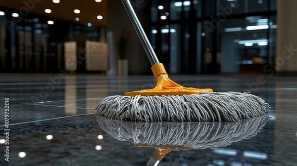 Fototapeta A close-up of a mop cleaning a shiny, wet, tiled floor in an office building.