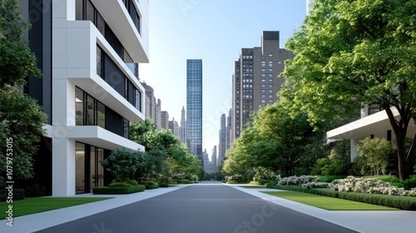 Fototapeta Modern urban landscape with greenery and tall buildings.